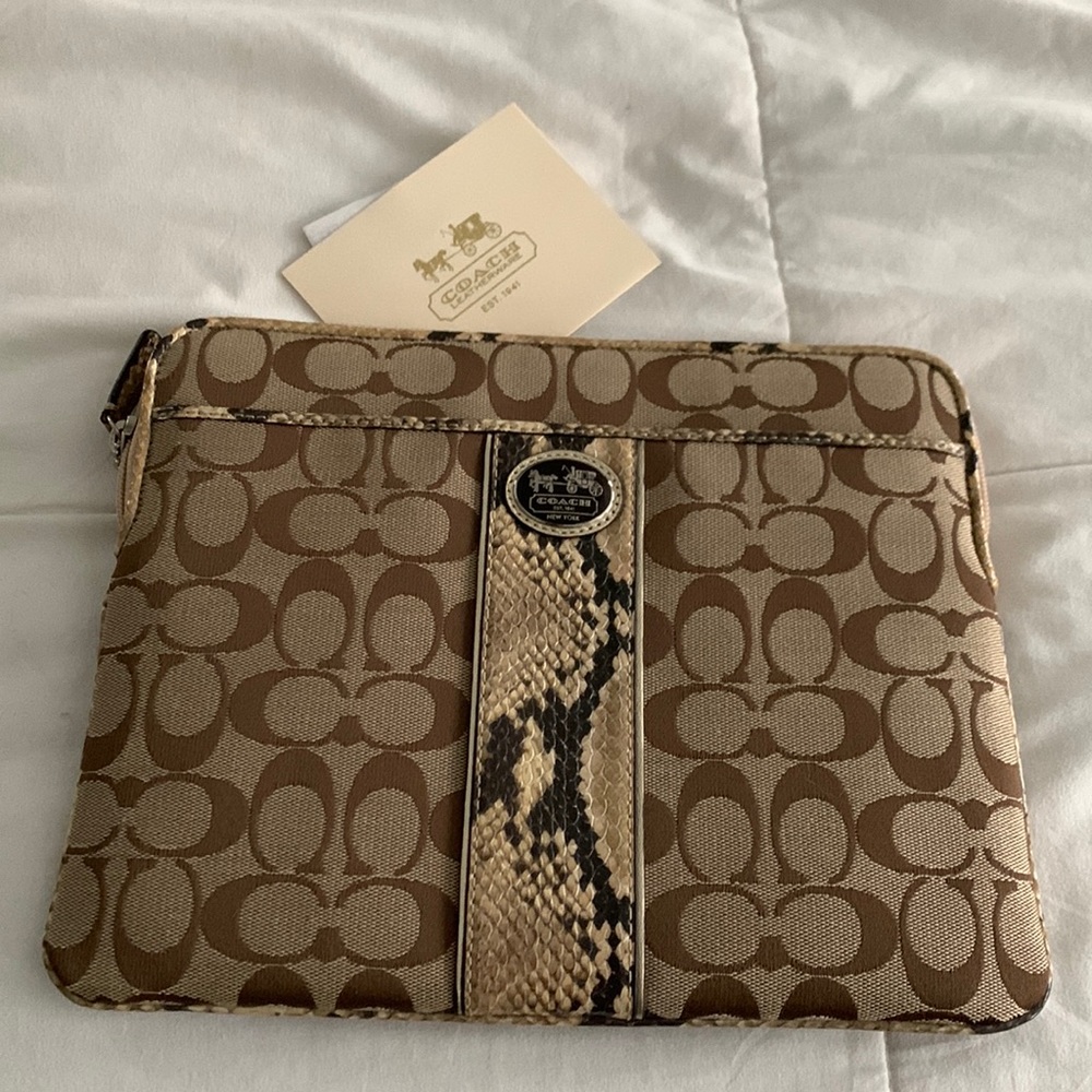 Coach iPad case. Never used. Beige/brown with “alligator” stripe